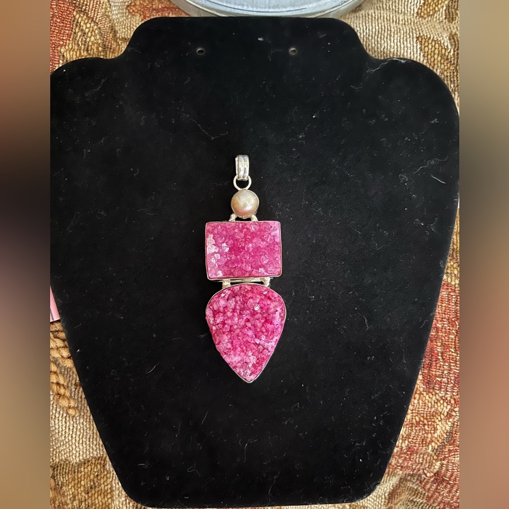 New Pink Druzy and River Pearl Pendant 925